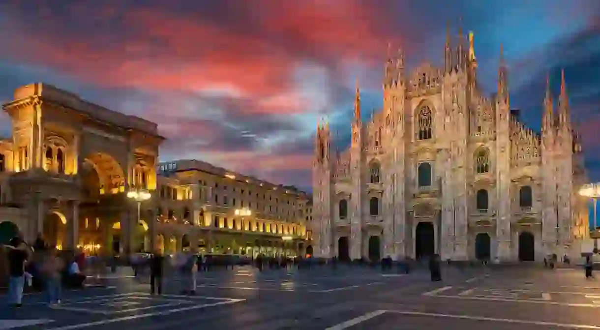 Milan Cathedral (Duomo di Milano), piazza del Duomo and Vittorio Emanuele II Gallery in Milan, Italy.