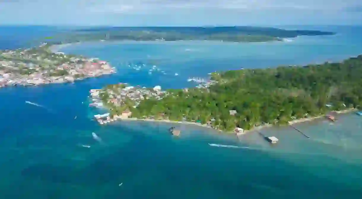 Aerial image of Bocas del toro, Panama in the Caribbean near isla colon, bocas town and carenero island