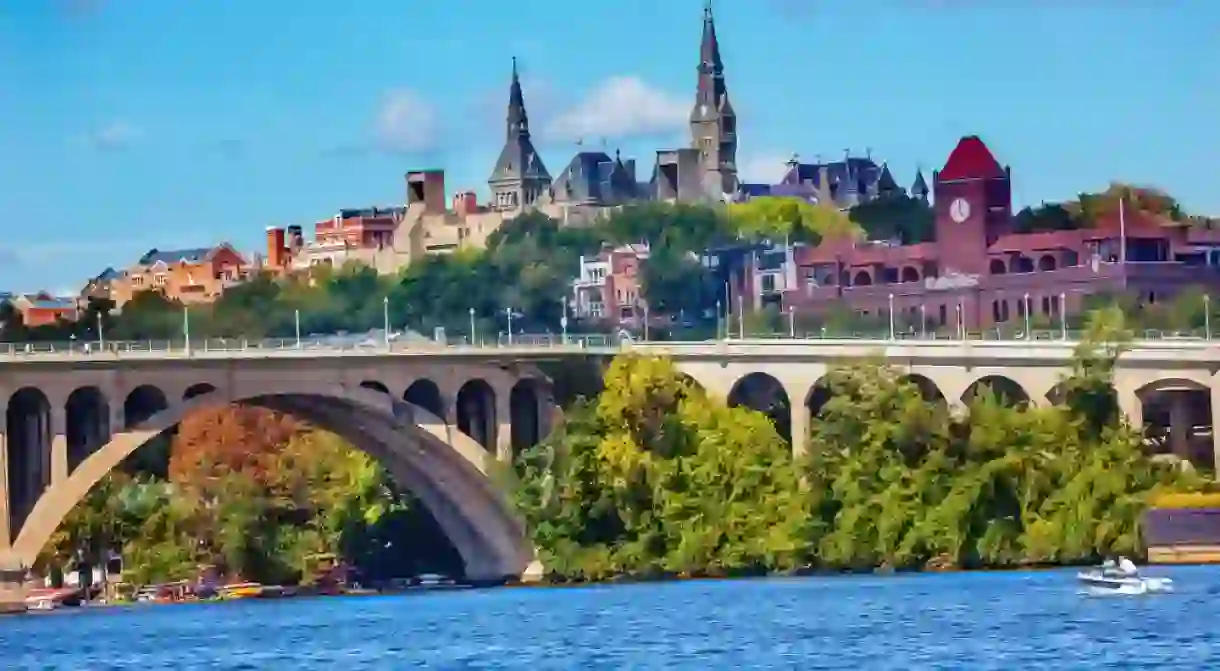 Key Bridge Potomac River Georgetown University Washington DC from Roosevelt Island.