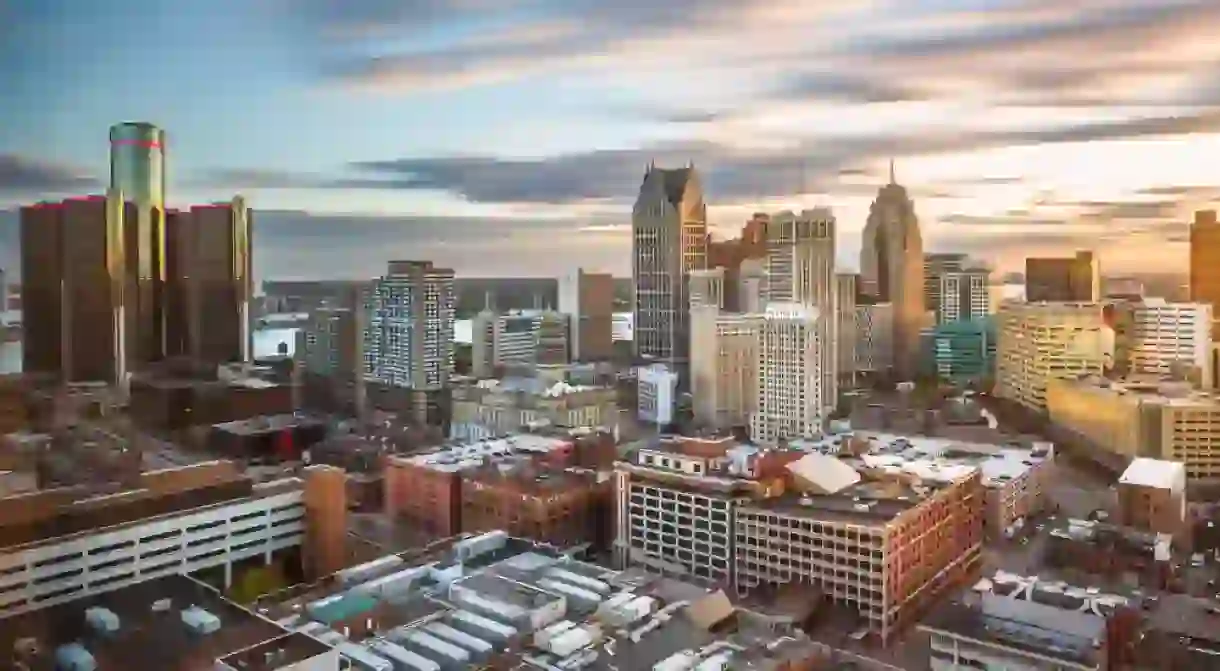 Detroit, Michigan, USA downtown skyline from above at dawn.