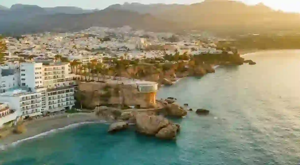 Aerial view of the famous mirador view point Balcon de Europa in Nerja resort town on Costa del Sol Mediterranean sea coast at sunrise in Andalusia, Spain