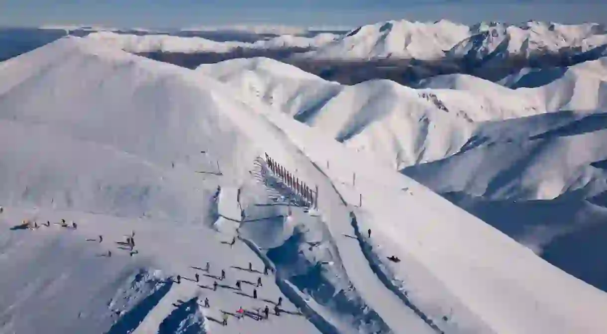 Mt Hutt, New Zealand: Aerial drone view of the Mt Hutt ski resort slopes in the Canterbury region in winter in New Zealand south island