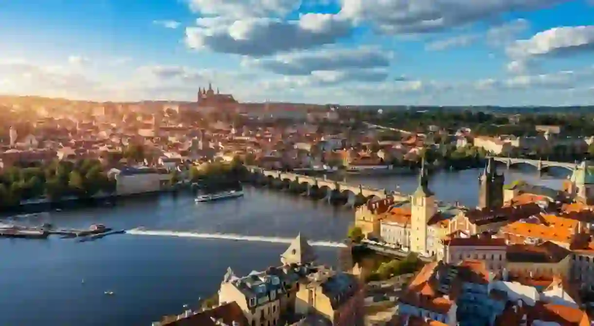 Prague scenic spring aerial view of the Prague Old Town pier architecture Charles Bridge over Vltava river