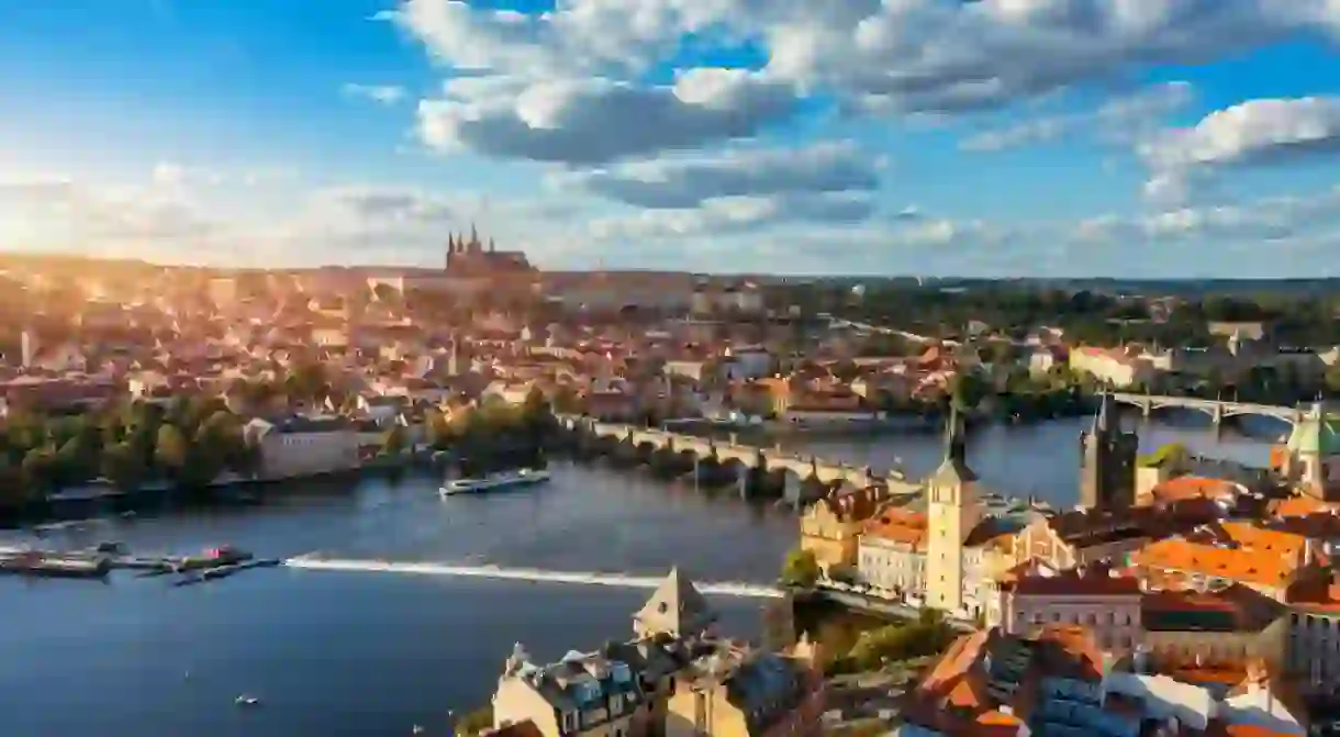 Prague scenic spring aerial view of the Prague Old Town pier architecture Charles Bridge over Vltava river