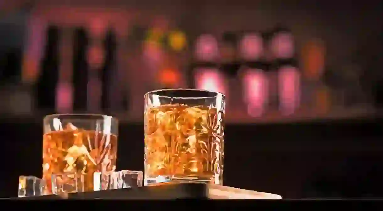 Whiskey Drinks with ice in a lounge bar