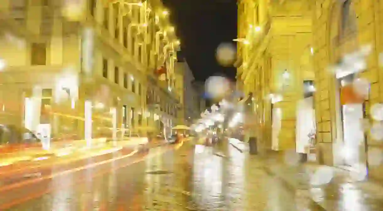 blured raining cityscape at night, florence