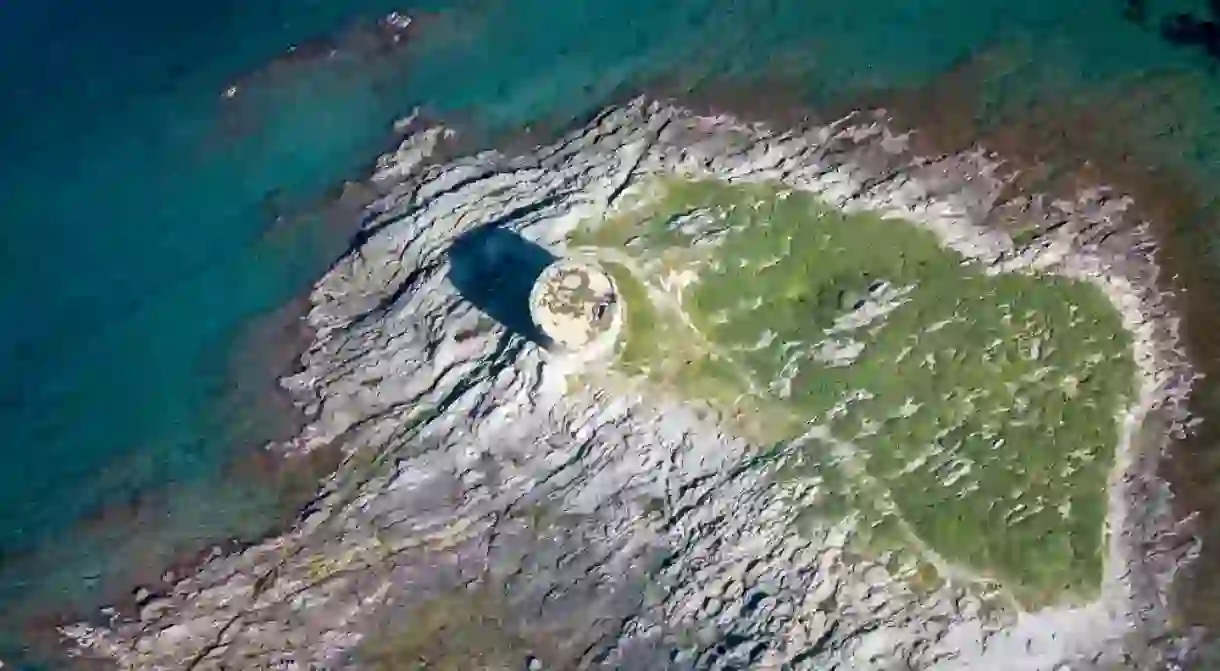 Aerial View of the Beautiful Stintino Beach With The island of Asinara in Background,Sardinia,Italy