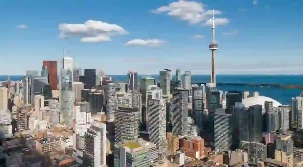 Toronto, Ontario, Canada, daytime aerial view of Toronto cityscape.