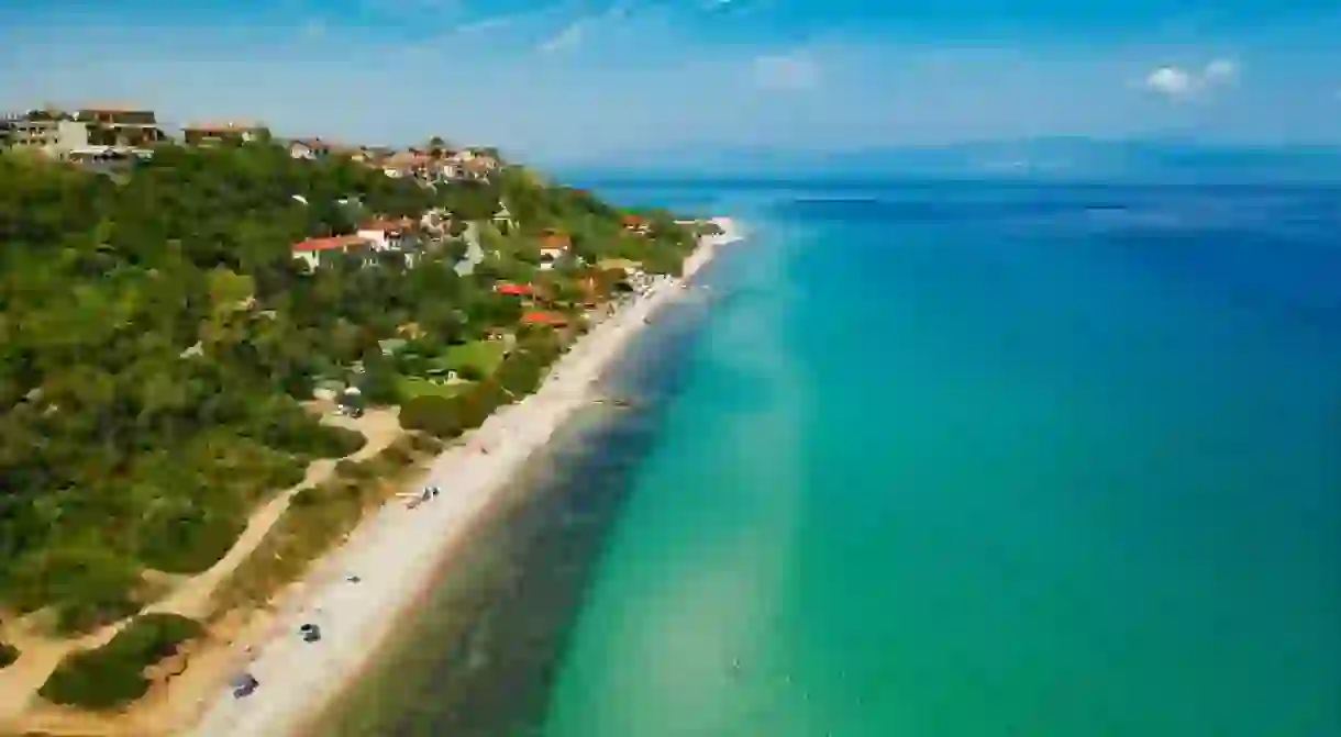 Aerial view of beach line, close to Afytos, village in Halkidiki, northern Greece. Kassandra peninsula