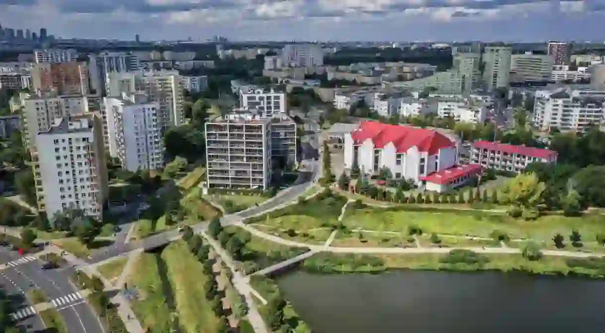 Drone photo of church and buildings in Goclaw, part of South Praga district of Warsaw