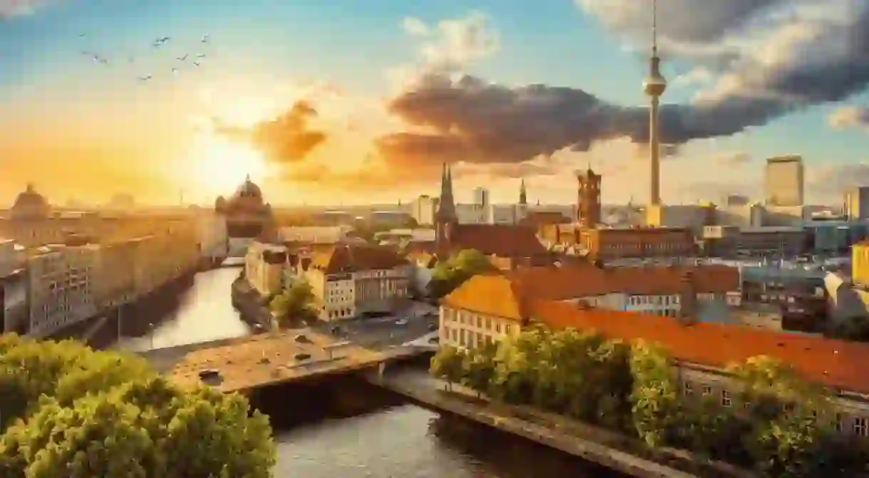 the skyline of berlin during sunset