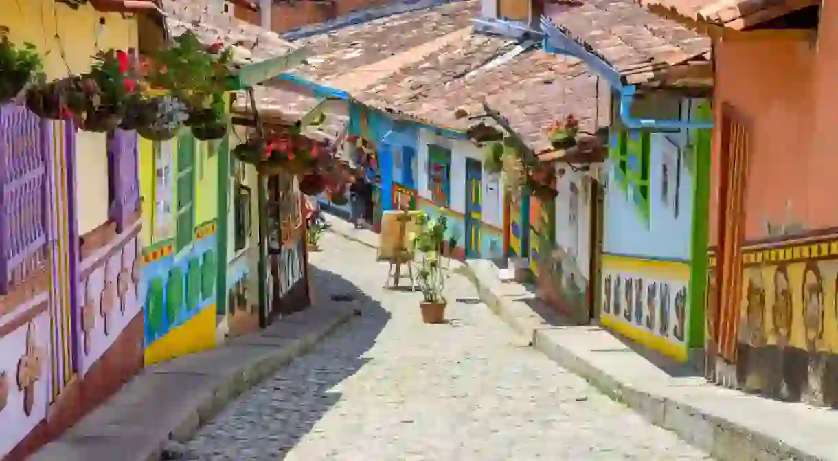 Colorful street of guatape colonial town, colombia