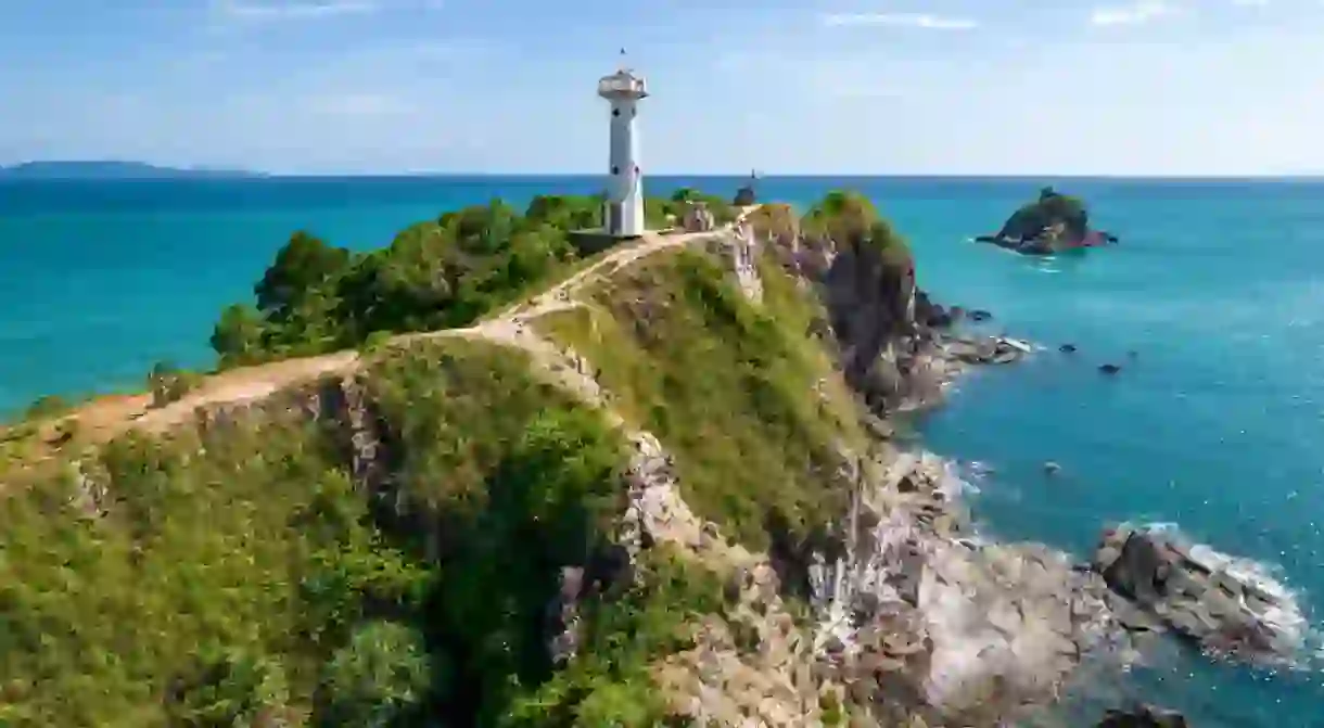 View of lighthouse Koh Lanta on sunny day. Mu Ko Lanta National Park, Krabi Province, Thailand.