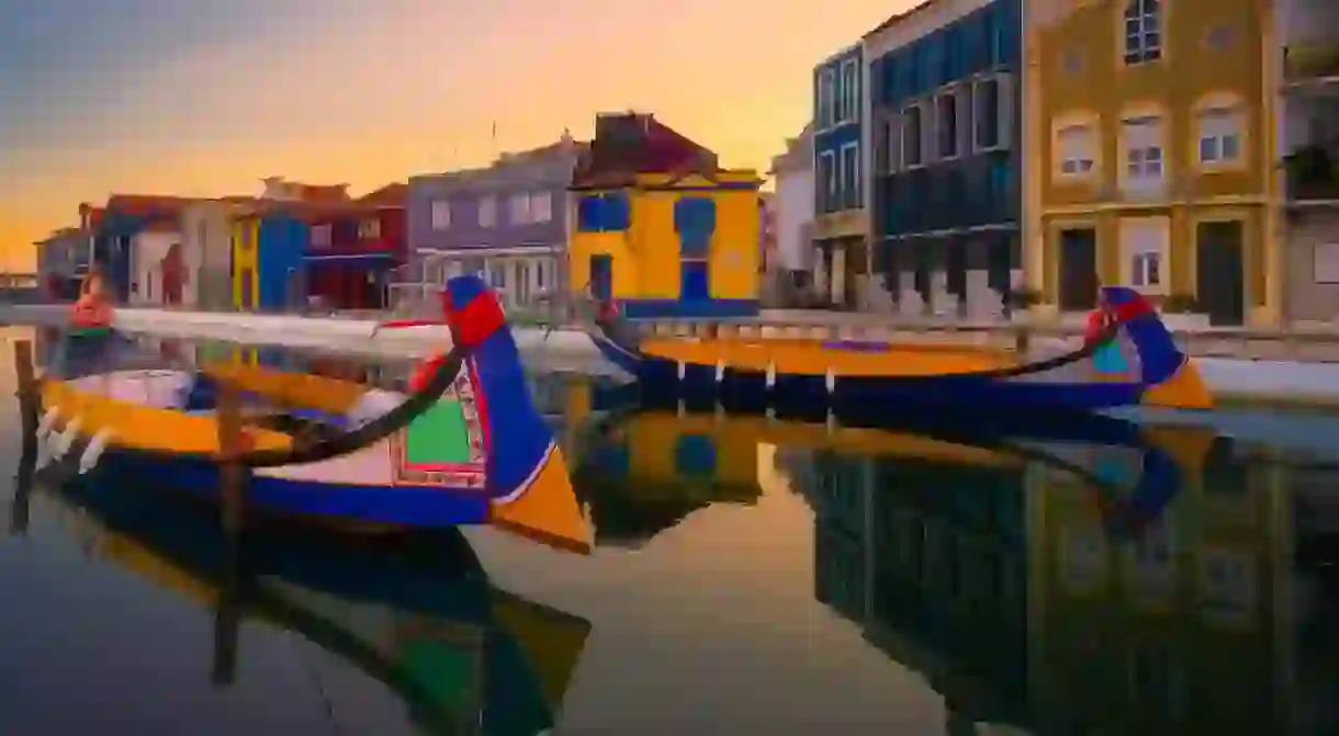 Traditional boats in Aveiro at sunrise