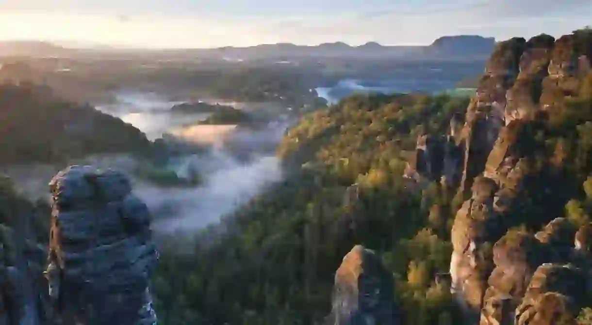 Morning foggy atmosphere in the Saxony Switzerland, national park, germany