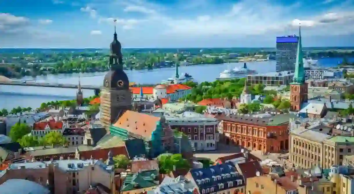 Aerial view of Riga center from St. Peters Church, Riga, Latvia