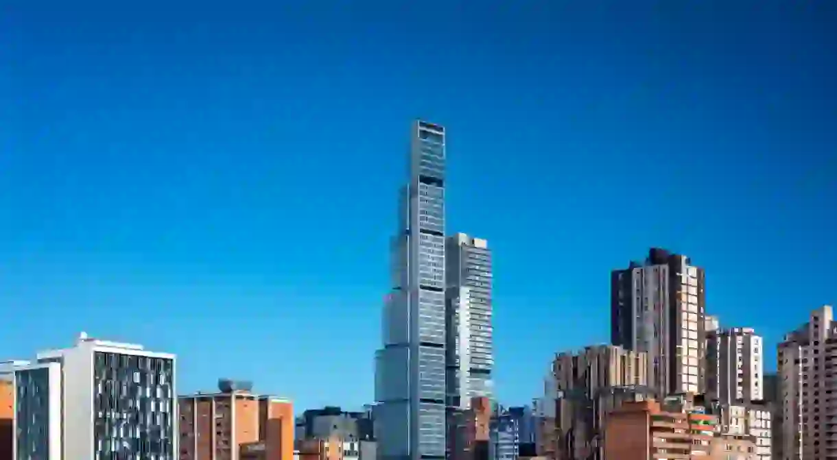 Cityscape of Bogota, Colombia with a beautiful blue sky