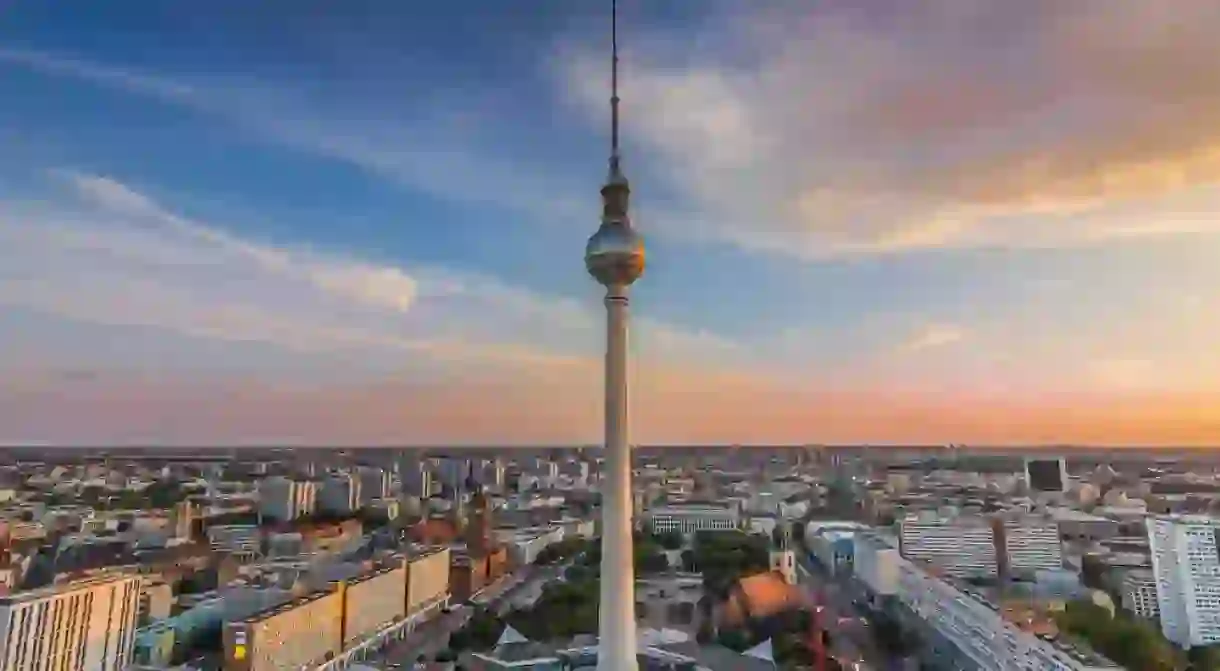 Evening atmosphere in Berlin. Skyline with the television tower in the capital of Germany at sunset.