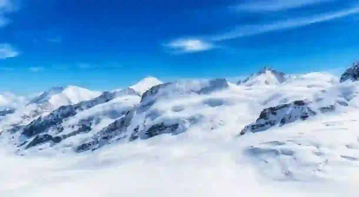 Aletsch Glacier Valley viewed from Jungfraujoch in Sphinx Observatory. Famous landmark view in Switzerland