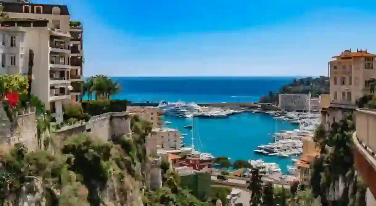 View of Monaco City with boat marina below in Monaco.