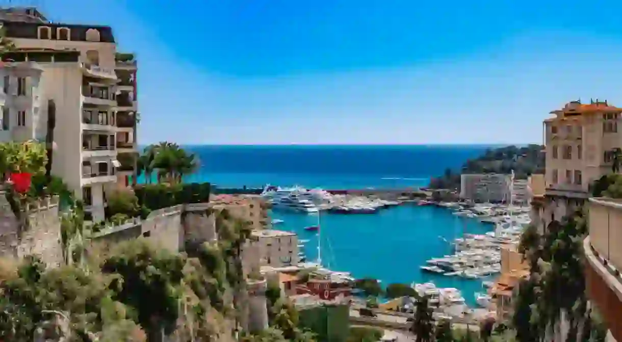 View of Monaco City with boat marina below in Monaco.