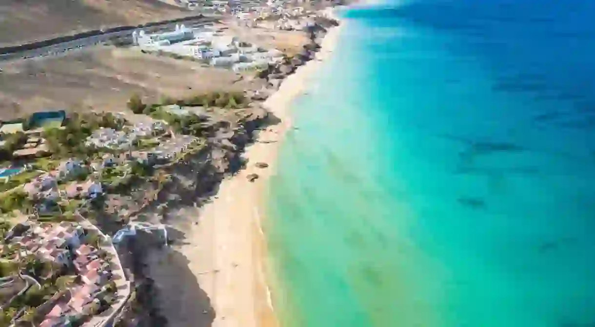 Aerial views of Butihondo and Jandia beach, Fuerteventura, Canary Islands, Spain