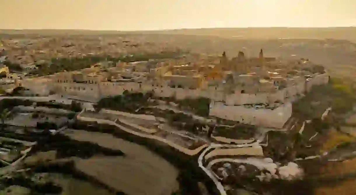 Aerial view of ancient walled city of Mdina in Malta at sunset.