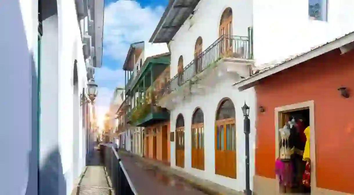 Panama, Panama City historic center Casco Viejo colorful streets and colonial architecture.