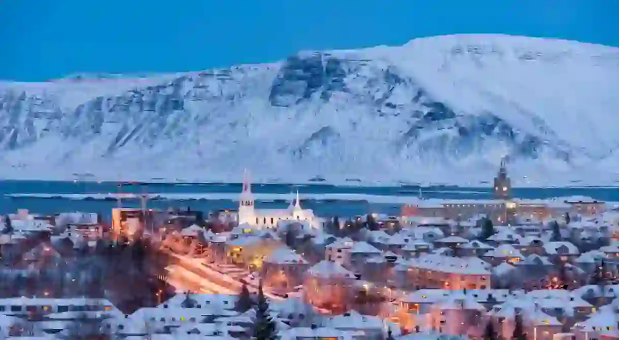 Reykjavik, capital city in Iceland in winter at evening