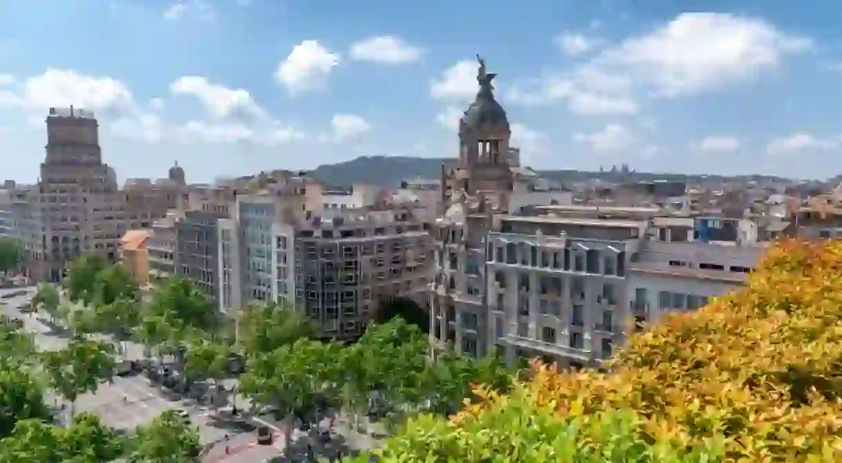 Barcelona aerial view of Passeig de Gracia in spring.