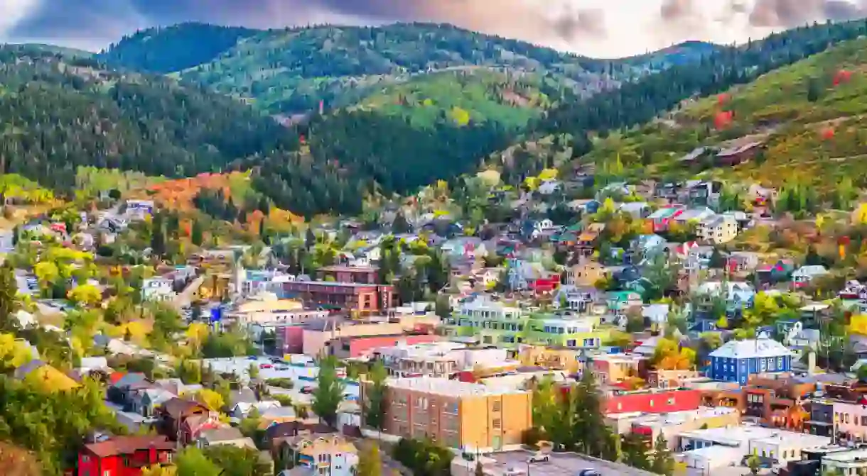 Park City, Utah, USA downtown in autumn at dusk.