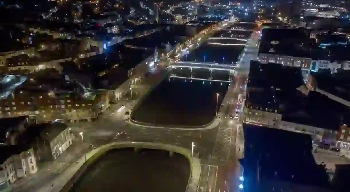 A night time aerial view of the North Quays of Cork city, Ireland.