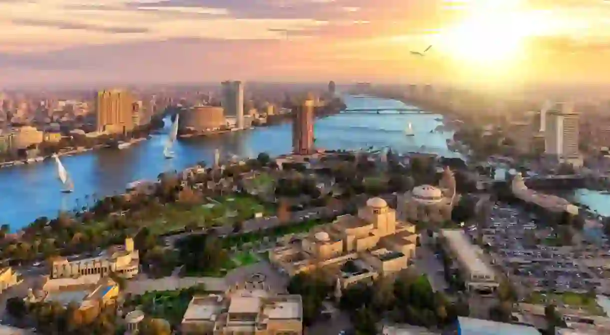 Aerial view on the downtown of Cairo and the Nile at sunset, Egypt