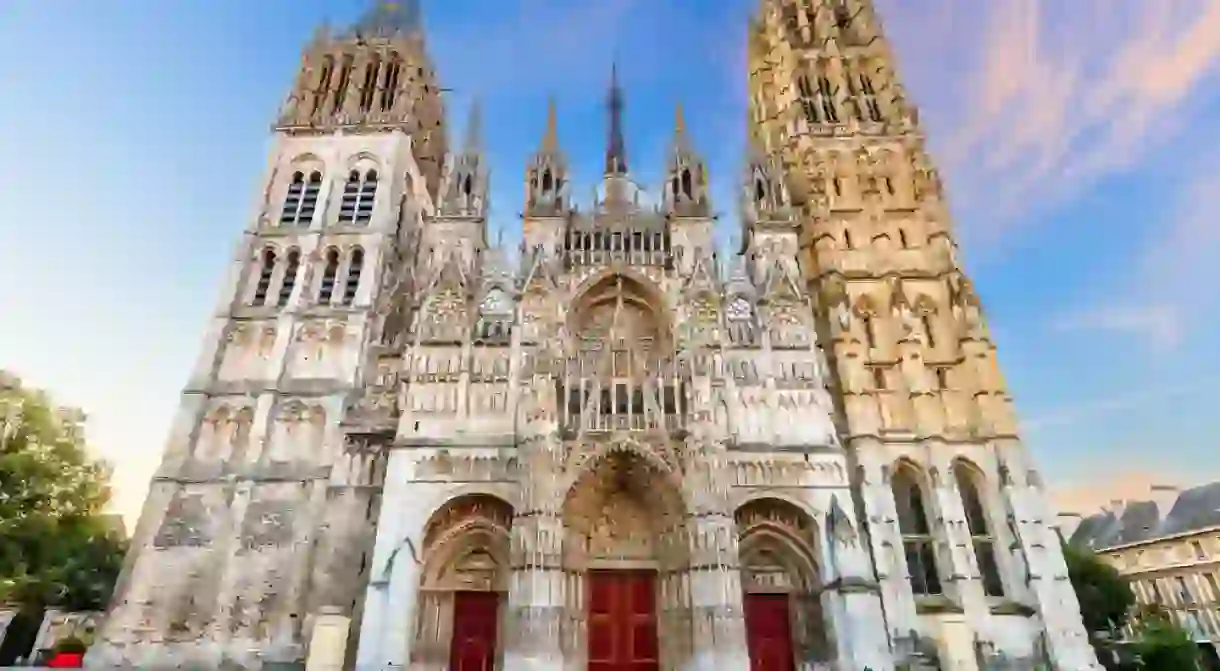 Rouen, Normandy, France. The west front of the Rouen Cathedral famous for its towers.