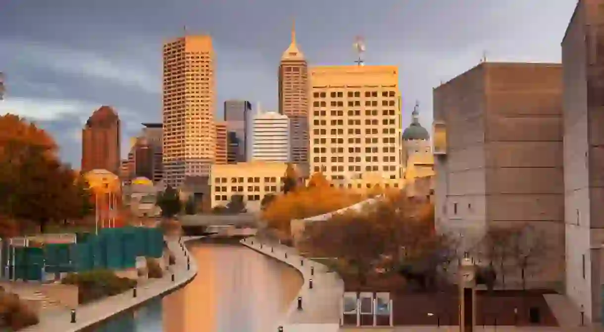 Indianapolis, Indiana, USA downtown skyline over the river walk.