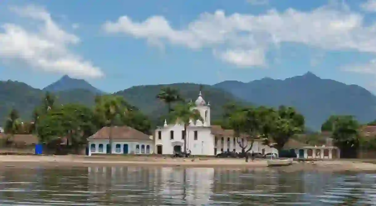 Our Lady of Sorrows church seen from the sea. Paraty, Brazil.