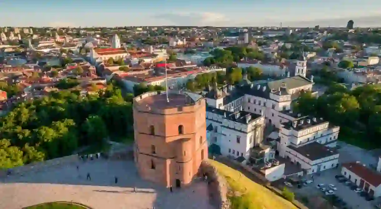 Aerial view of Gediminas castle and its old town during sunny summer day.