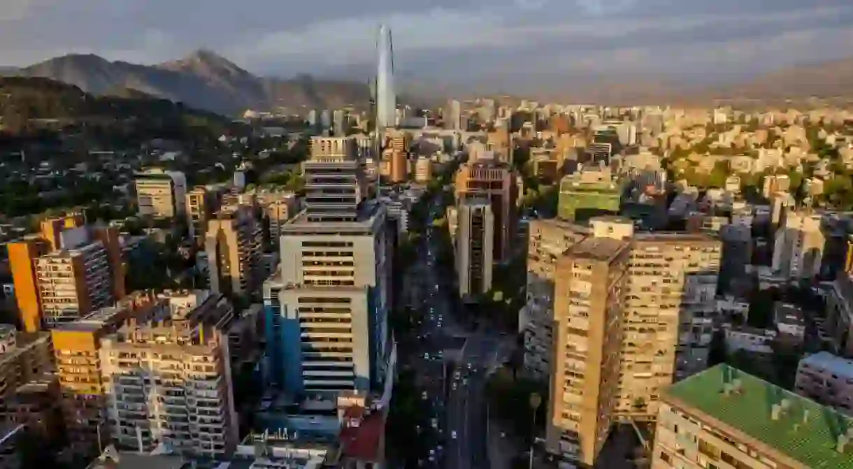 Beautiful aerial view of the city of Santiago de Chile, the Mopocho river, the Sky Costanera