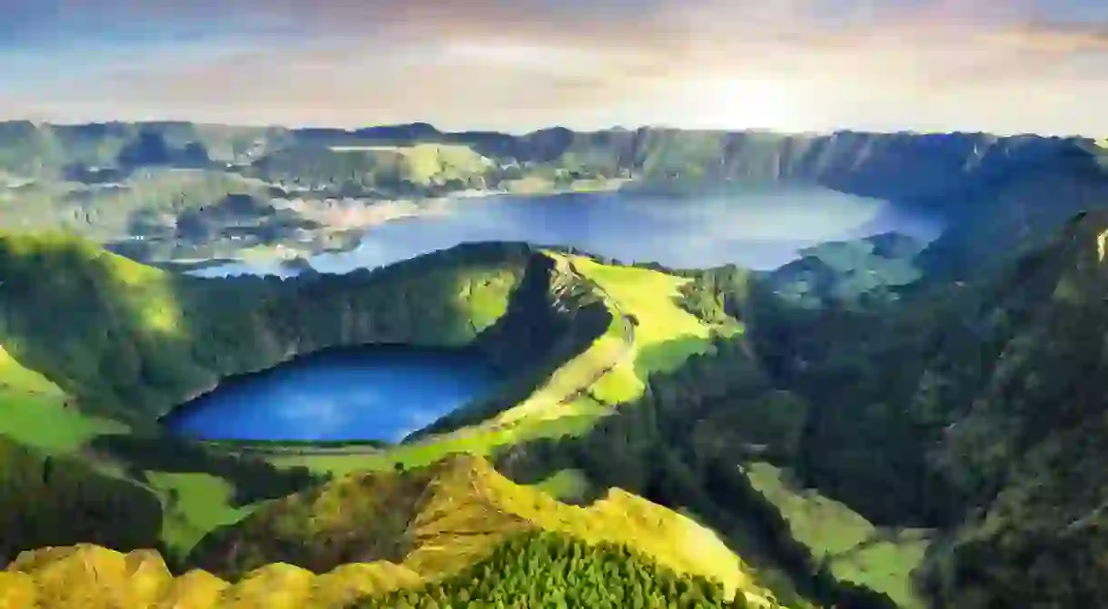 Dramatic sunset over Sete Cidades volcanic lake - panorama landscape, Azores, Portugal