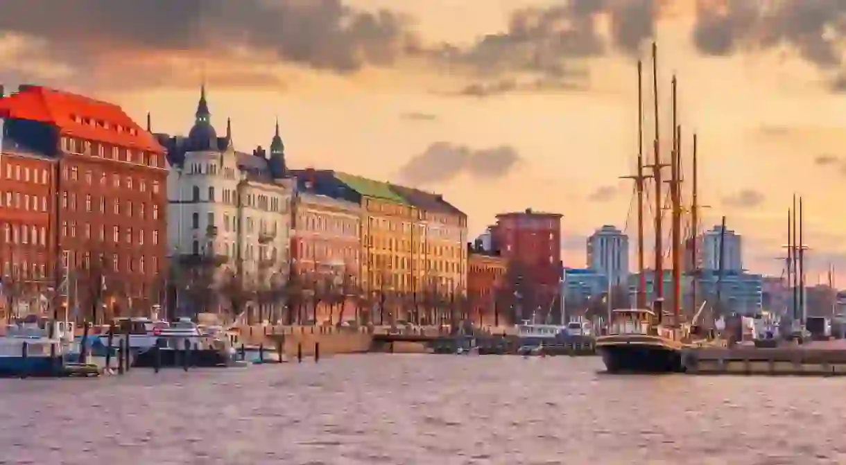 Helsinki city skyline, cityscape of Finland at sunset