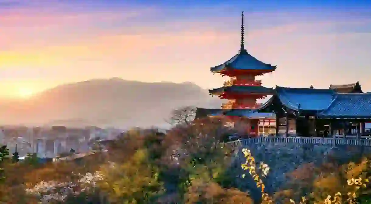 Kiyomizu temple at sunset in Kyoto, Japan.