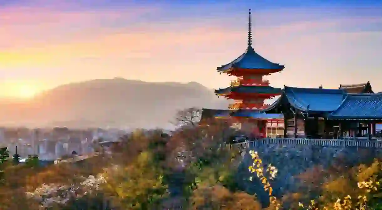 Kiyomizu temple at sunset in Kyoto, Japan.