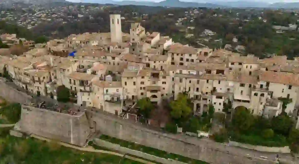 Aerial view of the medieval village of Saint-Paul-de-Vence in the South of France