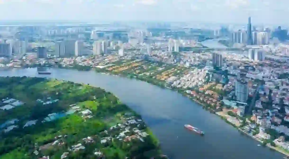 Panoramic view of Saigon, Vietnam from above at Ho Chi Minh Citys central business district.