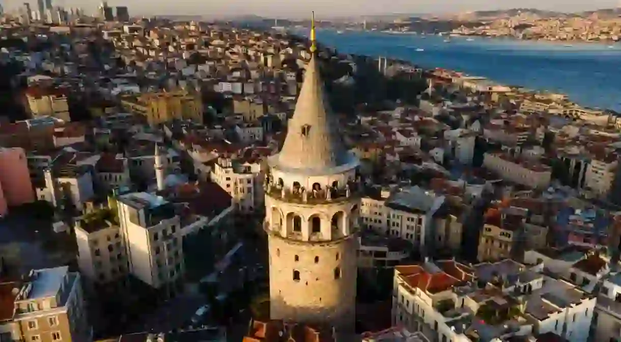 Istanbul Galata Tower Sunset Night Aerial View Drone Shot