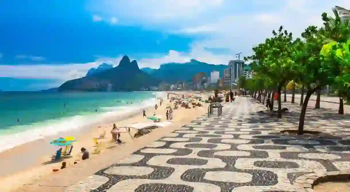 Ipanema beach with the mosaic sidewalk of Rio de Janeiro. Brazil