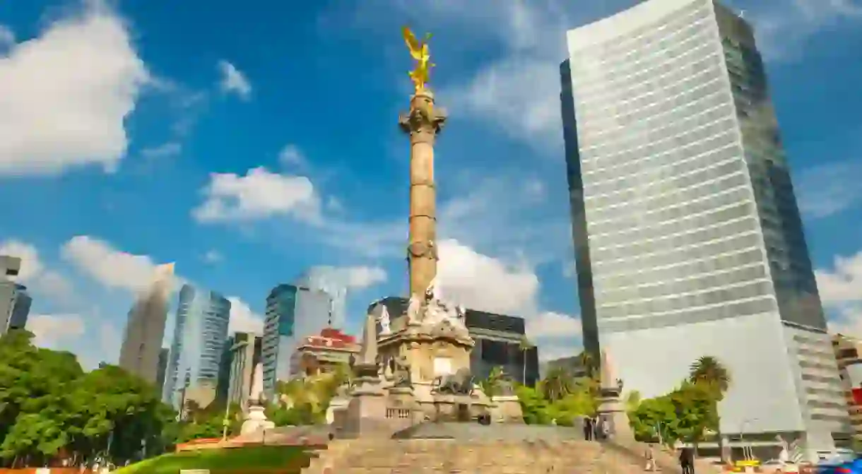 The Angel of Independence stands in the center of a roundabout in Mexico City, Mexico.