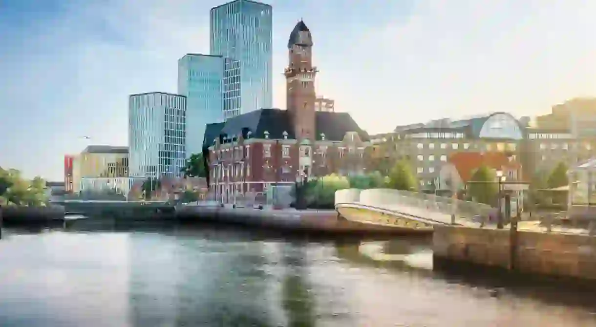 Colorful view of Malmo Skyline and Hamnkanalen Canal - Malmo, Sweden