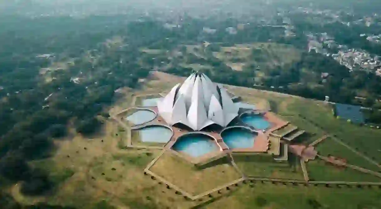 The Lotus Temple located in Delhi, India. Aerial photo.