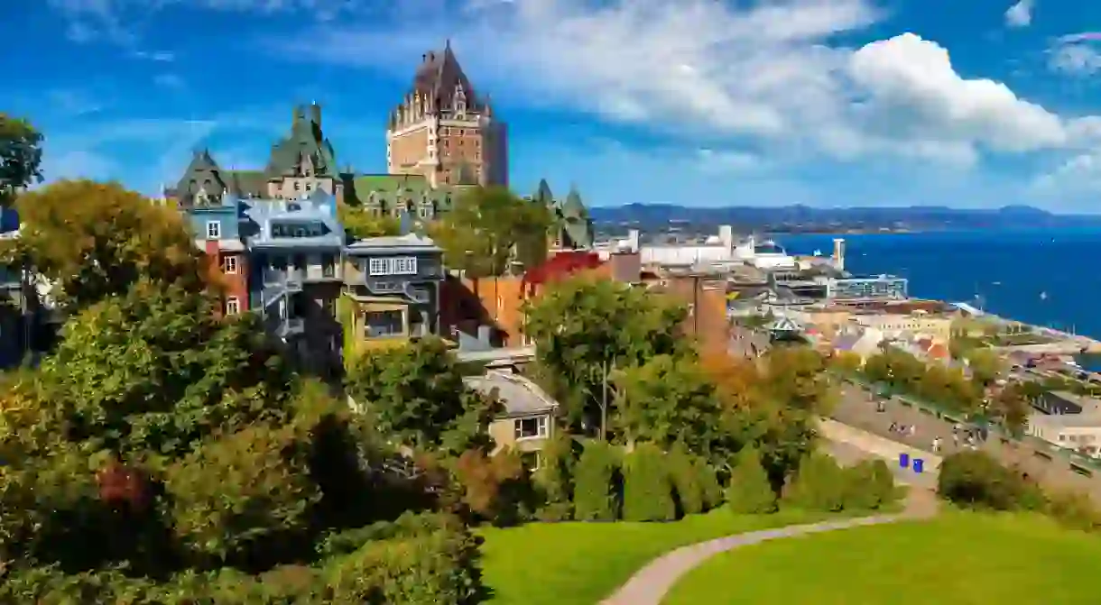 Panoramic view of Frontenac Castle (Fairmont Le Chateau Frontenac) in Old Quebec City, Canada